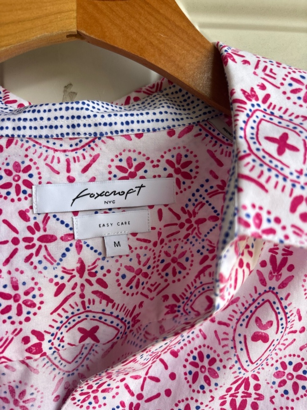 Foxcroft Women's White Button-Up Shirt with Pink and Blue Print